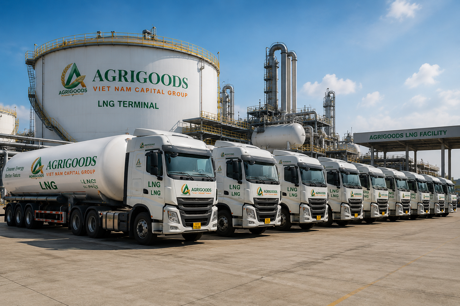AGRIGOODS Viet Nam Capital Group LNG tanker truck fleet at branded LNG terminal