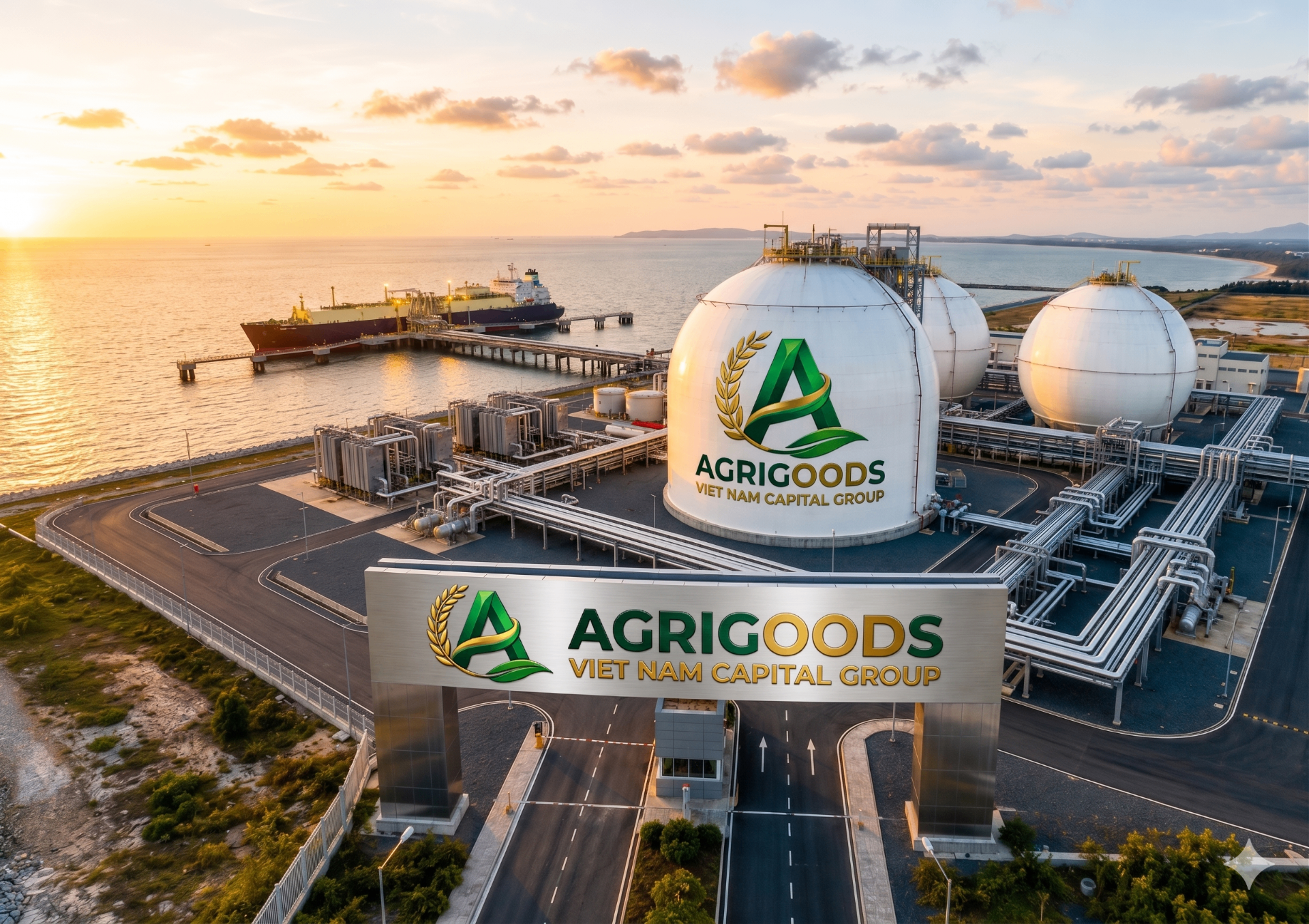 AGRIGOODS LNG terminal with branded storage tanks and entrance gate at sunset